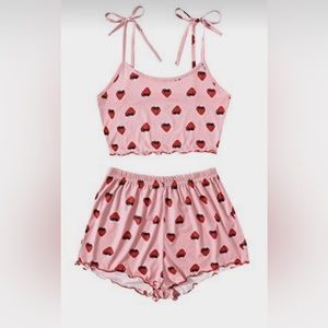 NWOT Strawberry Print Pink PJ Set